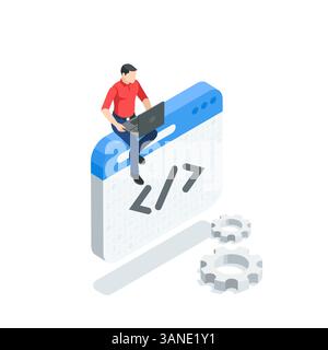 isometric window with program code icon and man with a laptop, in color color on a white background, seo or web development or internet page Stock Vector