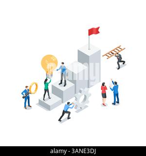 isometric vector business men and women near big chart, teamwork or achieving success Stock Vector