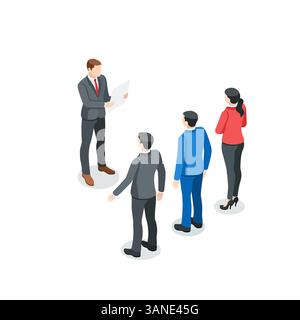 isometric vector business man reading a document in front of subordinates or colleagues, in color on a white background, working relationship or meeti Stock Vector