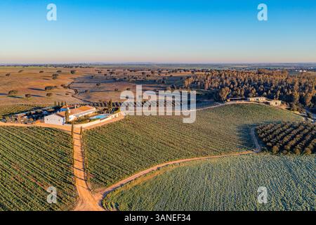 Aerial view of a house on the hill at sunset, Albernoa, Beja, Portugal. Stock Photo