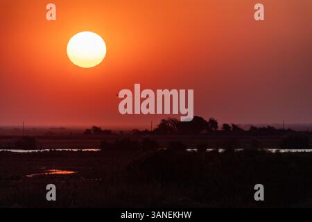 Telephoto shot of the setting sun over the chobe river on a bright winter afternoon in Botswana. Stock Photo