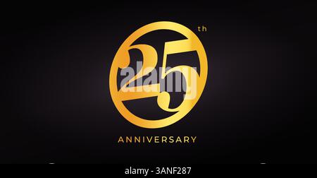 Luxury 25th Anniversary Logo Design With Golden Number In Elegant Modern Style On Dark Background For Celebration, Greeting Card, Event Or Invitation Stock Vector