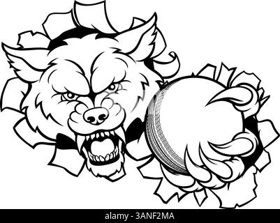 Wolf Holding Cricket Ball Sports Mascot Stock Vector