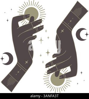 Line art sun and moon concept of esoteric elements. Ramadan linear icon symbol. Tarot witchcraft minimalist vector illustration Stock Vector