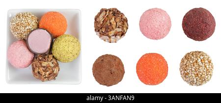 A variety of different truffles in a ceramic bowl Isolated on a white background. Top view. Flat lay Stock Photo