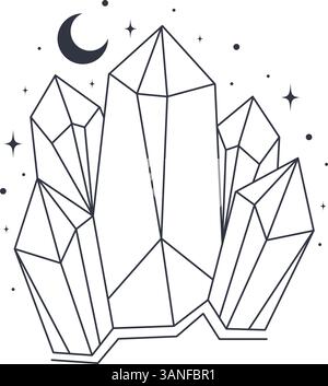 Bohemian linear logo icon symbol. Line art healing crystal and moon concept of esoteric elements. Tarot witchcraft minimalist vector illustration Stock Vector