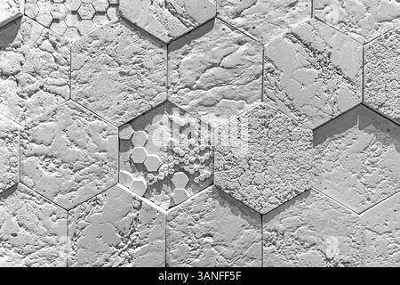 Textured white hexagonal wall tile pattern. Modern white wall made of hexagonal tiles with varying textures, including smooth, rough, and embossed Stock Photo