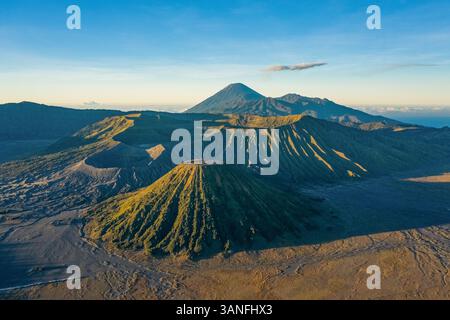 Aerial view of the active Semeru volcano in Supiturang with a volcanic ...