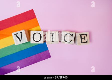 Rainbow flag is on a pink background with the word VOICE written in wooden blocks. The blocks spell out the word in a creative and playful way. Concep Stock Photo