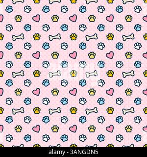 cheerful seamless vector pattern, colorful pet-themed symbols paws, bones, hearts. Ideal for pet products, wrapping paper, textiles backgrounds Stock Vector