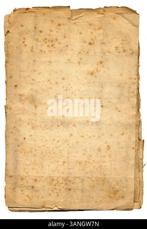 Sheets of yellowing old paper with tatty torn edges and folded corners. Stock Photo