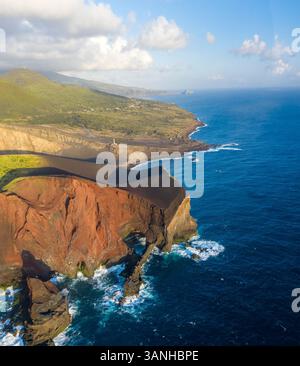 Aerial View of Vulcao dos Capelinhos, Norte Pequeno, Faial Island, Azores, Portugal. Stock Photo