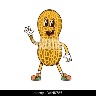 Cartoon groovy peanut nut pod character is smiling, waving hand and showcasing a friendly and happy expression. Isolated vector cheerful peanut healthy personage with expressive eyes and y2k sneakers Stock Vector