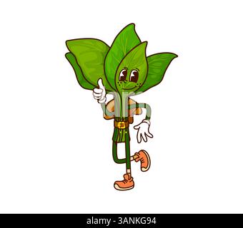 Cartoon groovy spinach cowboy vegetable and bandit character. Funny vector courageous western green food ranger, sheriff, robber personage with hat, belt and retro hippie sneakers pointing with finger Stock Vector