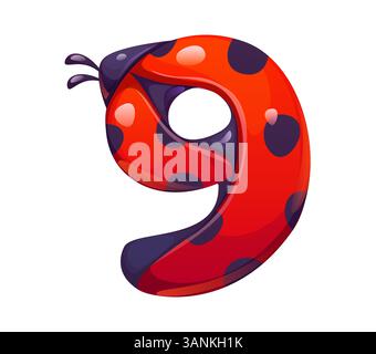 Ladybug cartoon font digit 9 nine. Cute lady bug kids ABC typeface digit, red insect cartoon vector mathematics type numeral symbol. Spring ladybird math typeface figure or alphabet font number Stock Vector