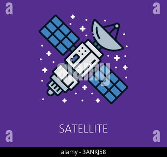Color line galaxy space icon of satellite orbiting in space equipped with solar panels and communication dish. Linear vector cosmic symbol of modern technology, telecommunication and space exploration Stock Vector