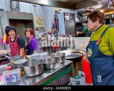 Taipei, Taiwan, Group people, Local Taiwanese Women employees Working Together, Inside kitchen, Beitou Food Market, "Beitou District", (Qingjiang) Stock Photo
