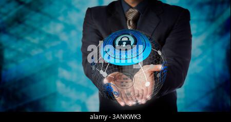 Blue chip manager is offering a secure managed services solution in the two open palms of his hands. IT concept for data storage, mobility management, Stock Photo