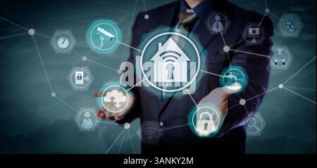 Blue chip business manager activating smart home application network in cyberspace. Technology concept for wireless security and home automation, Inte Stock Photo