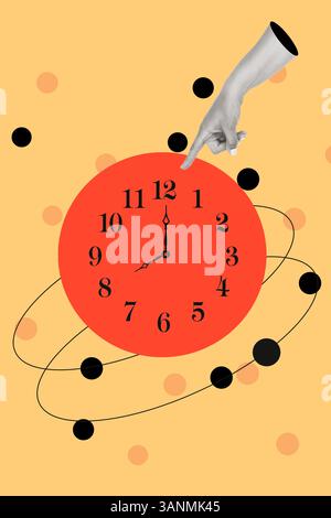 Woman hand pointing a red clock which marks eight o'clock on an orange background Stock Photo