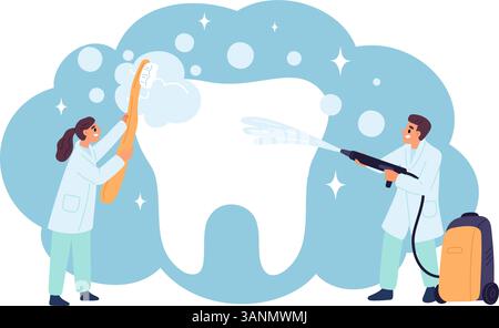 Dentists man and woman cleaning big white tooth. Dental services. Tiny doctor washing molar with water jet. Professional oral hygiene. Stomatology car Stock Vector