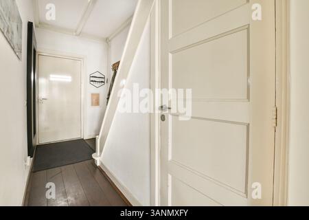 The image features a modern interior hallway showcasing a stylish light-colored door and smooth wooden flooring, bathed in soft natural light. Stock Photo
