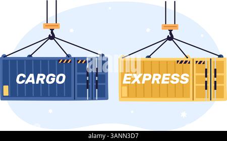 Cargo containers hanging on hook of harbor crane. Express delivery. Port loading terminal. Freight export transportation. Seaport shipping. Industrial Stock Vector