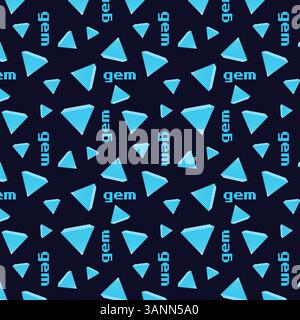 Pattern with game gems and crystals, pixel letters word GEM. Dark background, game world. Vector illustration Stock Vector