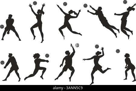 Beach volleyball players. Men and women playing on beach. Sportsman black silhouette. Team sport. People throwing or catching ball. Jump and hit. Youn Stock Vector