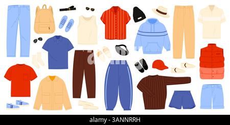 Men fashion clothes for casual outfit set. Summer spring fall season wardrobe collection with jeans pants shirt bag shoes jacket sweater sweatshirt cap vest backpack cartoon vector illustration Stock Vector