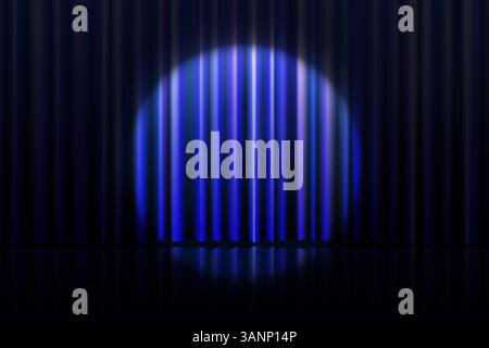 Realistic blue stage curtain with soft silk drapes and spotlight beam. Elegant vector background with floor reflection and dramatic lighting. Perfect for award ceremony, theatre or movie premiere. Stock Vector