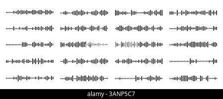 A collection of diverse sound wave patterns representing various audio frequencies and amplitudes. Ideal for illustrating concepts in audio technology, music production, and sound engineering. Stock Vector