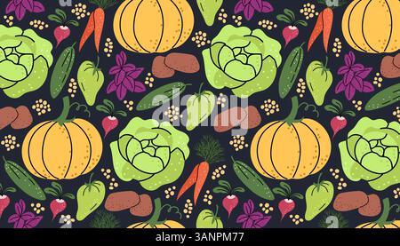 Vegetables horizontal pattern on a dark background Stock Vector