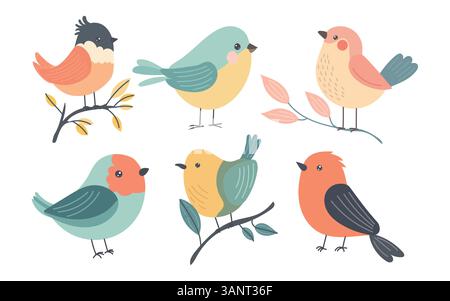 Cute cartoon birds perched on leafy branches with colorful feathers, playful poses, and soft pastel shades perfect for spring wildlife and nature Stock Vector