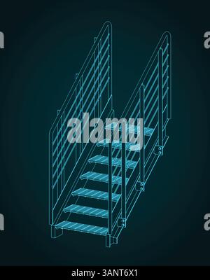 Metal industrial staircase isometric blueprint stylized vector illustration Stock Vector