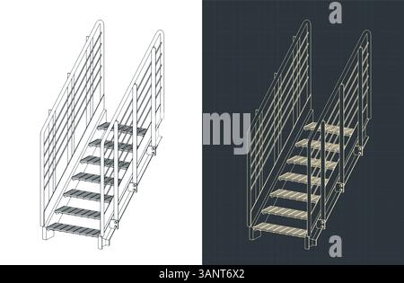 Metal industrial staircase isometric blueprints stylized vector illustrations Stock Vector