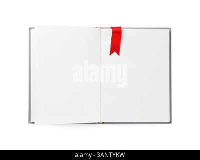 Open book with red ribbon bookmark isolated on white, top view Stock Photo