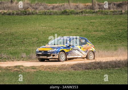Madrid, Spain; 02-15-2025: Old Peugeot 206 rally car racing on a dirt and gravel track raising dust during a dirt rally Stock Photo