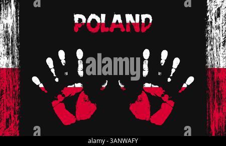 Vector flag of Poland in the form of peaceful palms with text and brush strokes on a black background Stock Vector