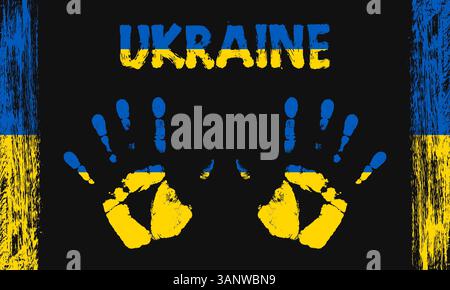 Vector flag of Ukraine in the form of peaceful palms with text and brush strokes on a black background Stock Vector