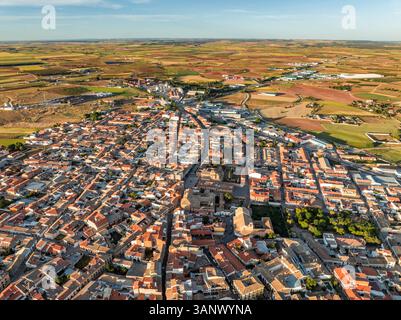 Aerial view of medieval town with historic stone buildings, San Clemente, Castilla - La Mancha, Spain. Stock Photo