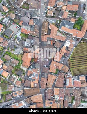 Aerial view of a beautiful, historic Italian village nestled in the South Tyrol region, Salorno, Italy. Stock Photo