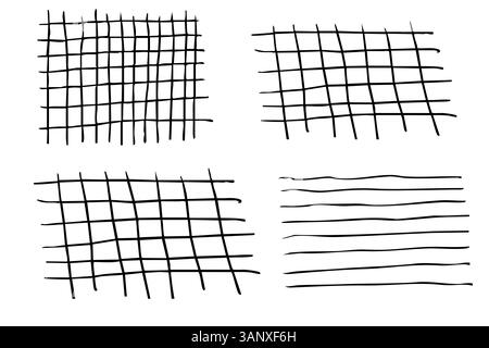 Grid square hand drawn textured lines, notebook grid and striped pattern. Set Doodle geometric net, chalk or crayon stroke. Vector illustration Stock Vector