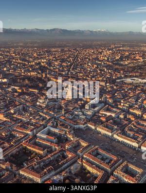 Aerial view of Turin with Alps mountains in black and white Stock Photo ...