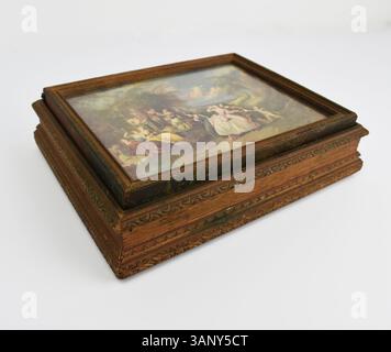 retro wooden keepsake box for storing jewelry displayed against white studio background Stock Photo
