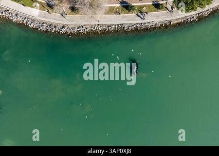 Aerial view of a fisherman on the boat sailing along the lake with seagulls flying around, Passignano sul Trasimeno, Perugia, Italy. Stock Photo