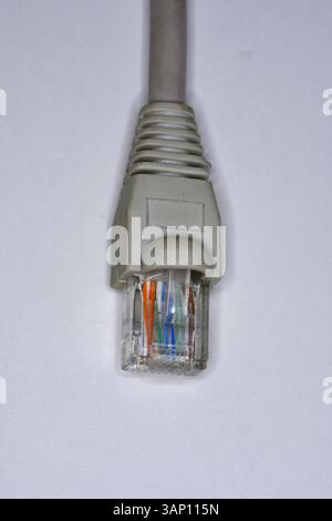 RJ45 plug with moulded on cover as used in wired Ethernet, some phone and other computer connections Stock Photo