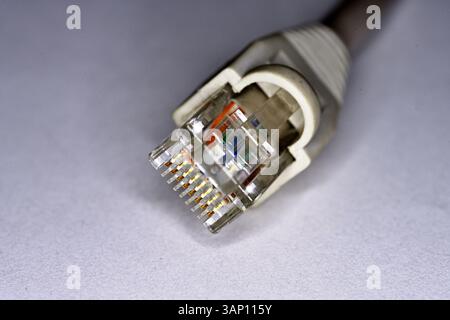 RJ45 plug with moulded on cover as used in wired Ethernet, some phone and other computer connections Stock Photo