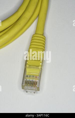 RJ45 plug with moulded on cover as used in wired Ethernet, some phone and other computer connections Stock Photo