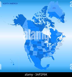 Graphic map of North America regions and territories, Canada, United States, Mexico, vector illustration Stock Vector